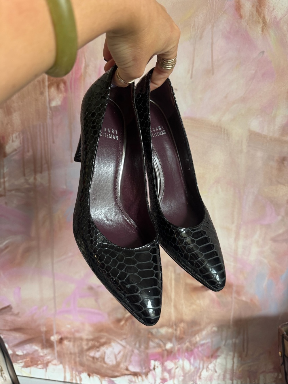 Stuart Weitzman Black Croc-Embossed Pointed Toe Pumps